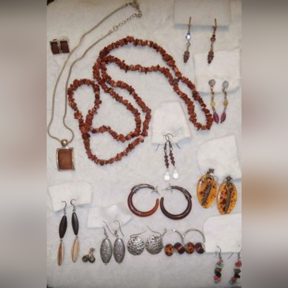 14pc Earthy Boho Jewelry Lot Natural Stone Wood Tortoise Earrings Necklace Set